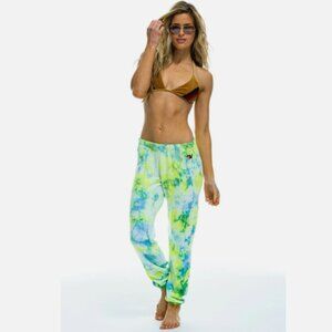 Aviator Nation Hand Dyed Sweatpants in Tie Dye Neon Yellow Blue Size XS